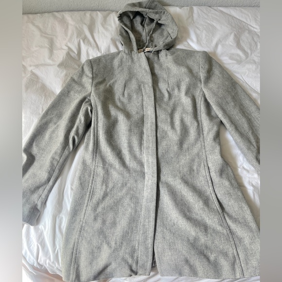 Miel sz S/M 38 Coat Hood Pockets Gray Wool Blend Unisex trench hidden buttons - Picture 3 of 9